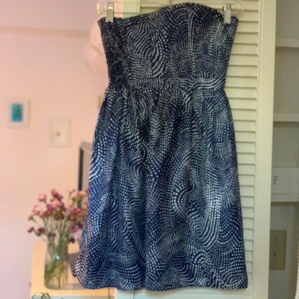 Devlin strapless dress, dark blue and white polka dot design, size small